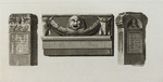 Vignette bestehend aus zwei Grabstelen und einem Ornament mit Maske und Bucranien